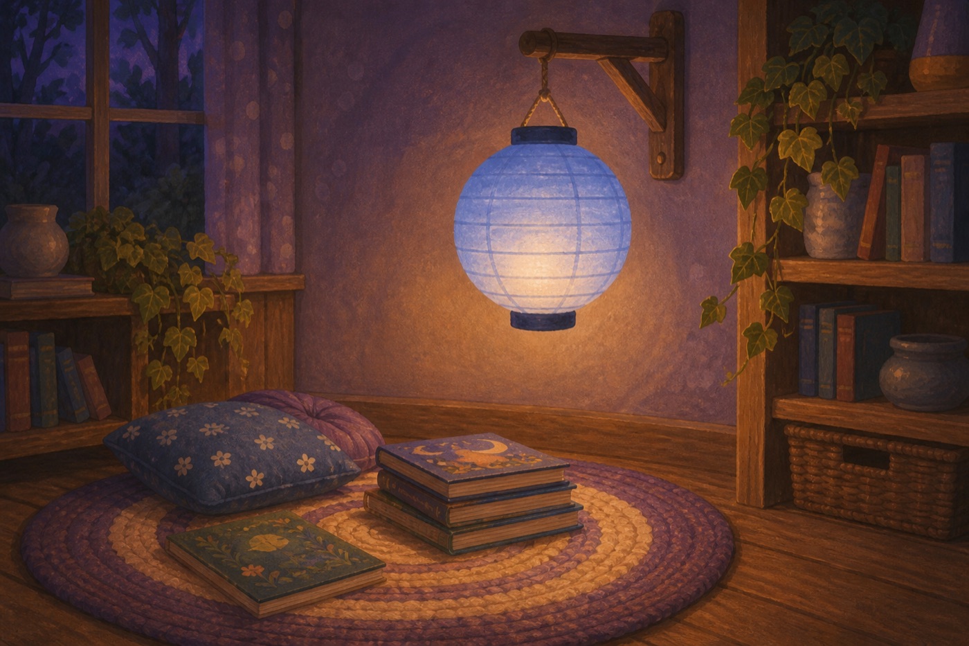 A paper lantern lit at dusk