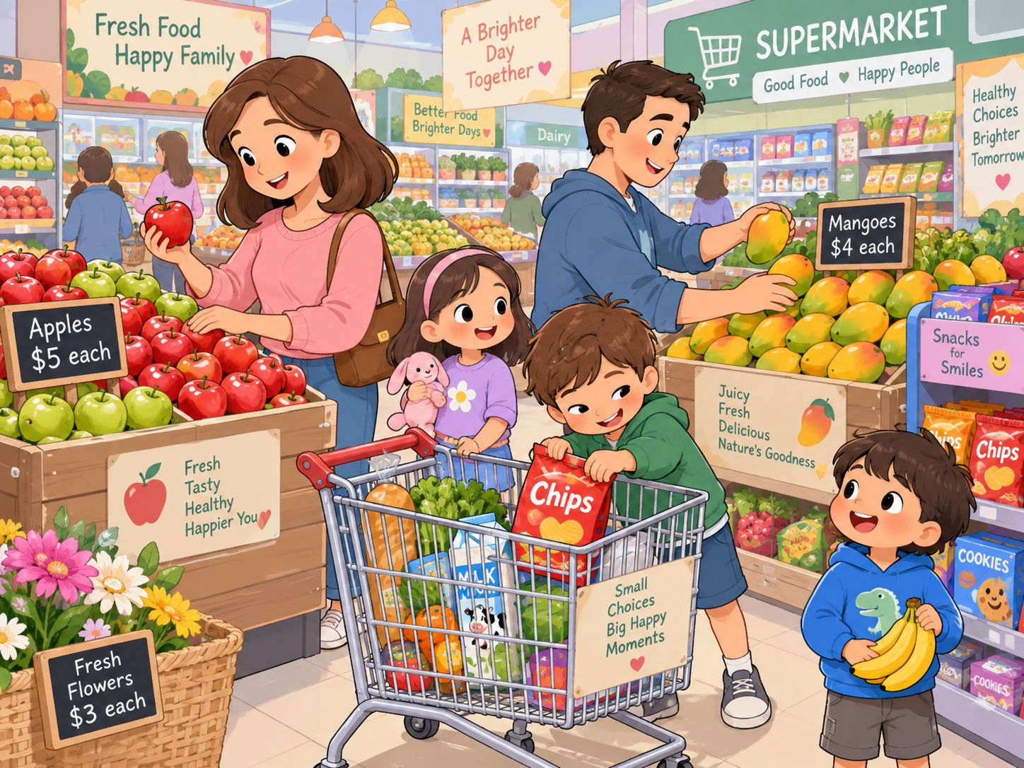 A family at the supermarket: Mum choosing apples, Dad choosing mangoes, and a boy putting a packet of chips into the trolley.